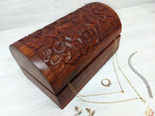 Wooden Floral thick Carved Jewellery Chest - Easterninspiration