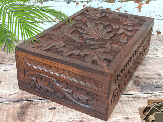 Hand Carved Regal Oak Leaf Jewellery Box Memento Keepsake Box - Easterninspiration