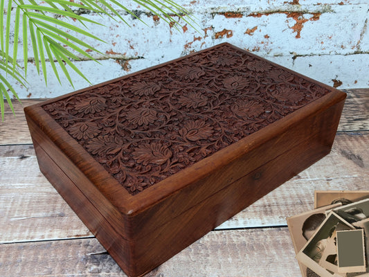 Carved Floral wooden Jewellery Box - Easterninspiration