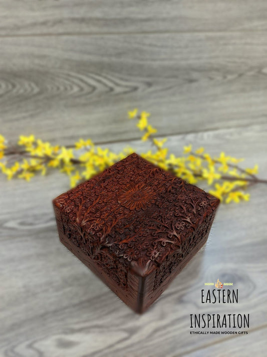 Square Carved Box With Floral Design - Easterninspiration