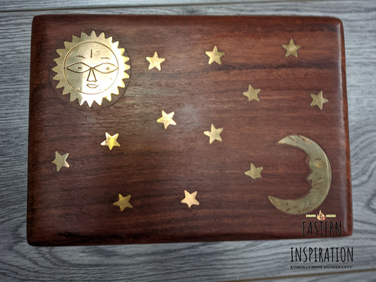 Sheesham Jewellery Box with brass Sun & Moon Design in a Boho holistic hippie style, - Easterninspiration