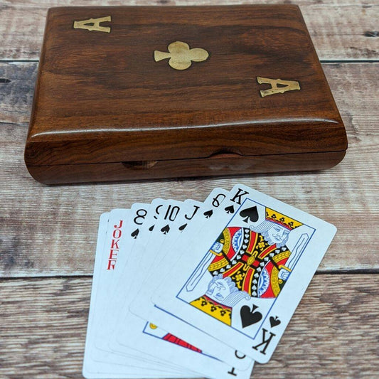 Double Playing Cards Wooden Holder With Ace Emblem