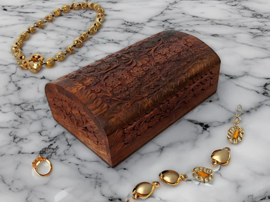 Floral Intricate Needle Carved Wooden Jewellery Box in a Treasure chest shape - Easterninspiration
