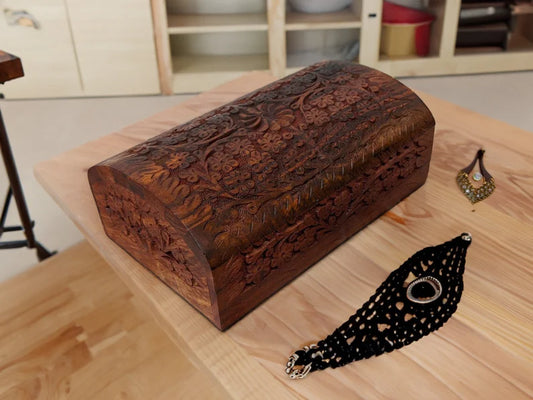 Floral Intricate Needle Carved Wooden Jewellery Box in a Treasure chest shape - Easterninspiration