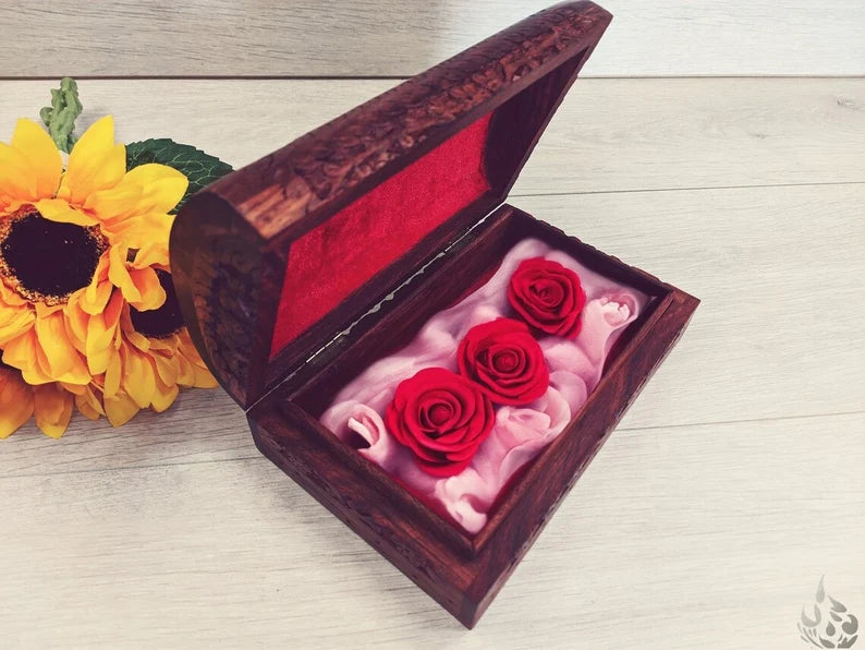 Floral Intricate Needle Carved Wooden Jewellery Box in a Treasure chest shape - Easterninspiration
