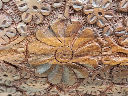 Floral Intricate Needle Carved Wooden Jewellery Box in a Treasure chest shape - Easterninspiration