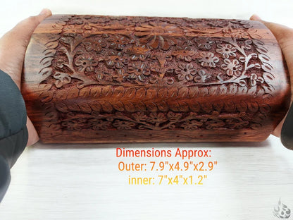 Floral Intricate Needle Carved Wooden Jewellery Box in a Treasure chest shape - Easterninspiration