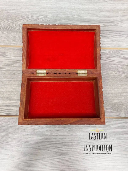 Floral Intricate Needle Carved Wooden Jewellery Box in a Treasure chest shape - Easterninspiration