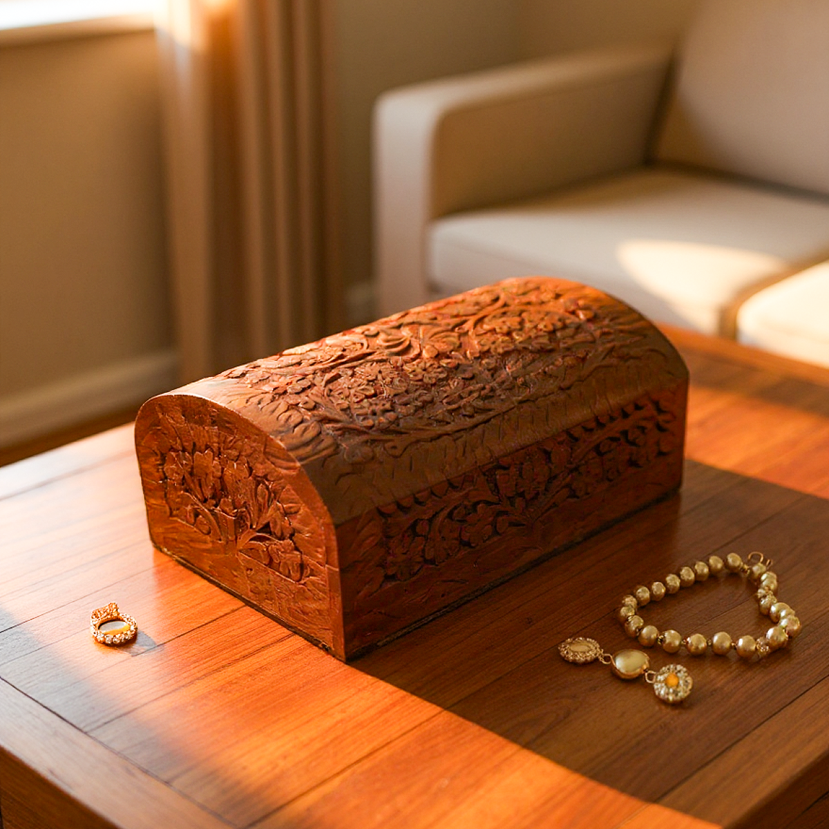 Floral Intricate Needle Carved Wooden Jewellery Box in a Treasure chest shape - Easterninspiration