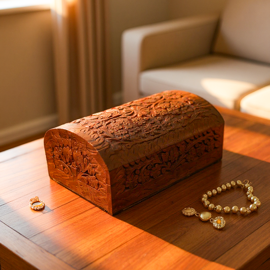 Floral Intricate Needle Carved Wooden Jewellery Box in a Treasure chest shape - Easterninspiration