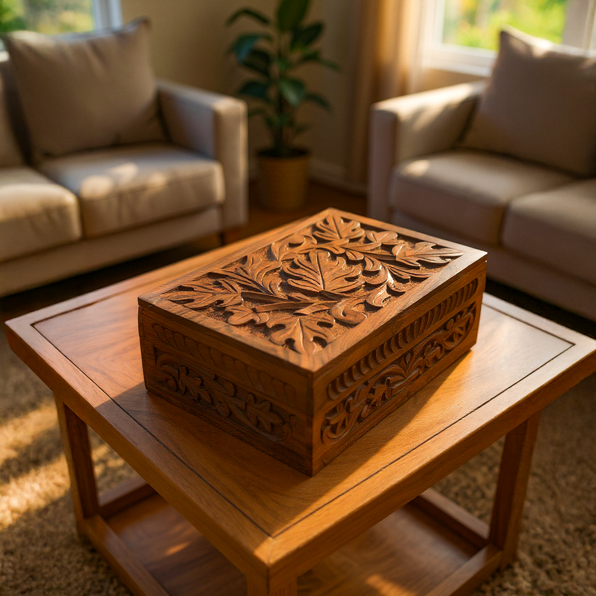 Hand Carved Regal Oak Leaf Jewellery Box Memento Keepsake Box - Easterninspiration