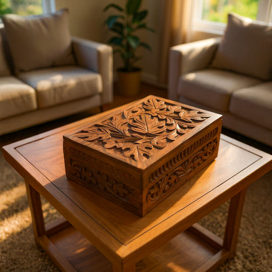 Hand Carved Regal Oak Leaf Jewellery Box Memento Keepsake Box - Easterninspiration