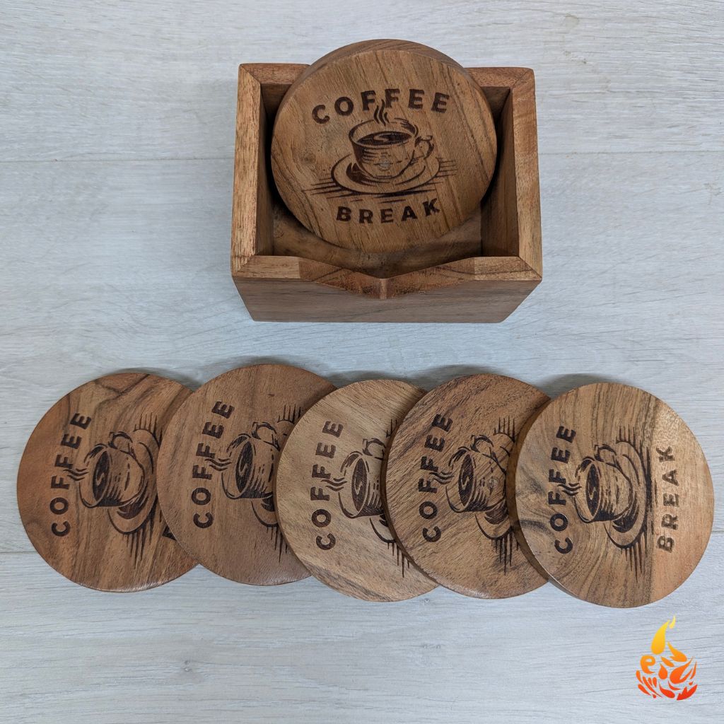 Rustic Wooden Coffee Coaster Set with Holder- Engraved Coffee Break Design|Set of 6 | Perfect gift for Coffee Lovers