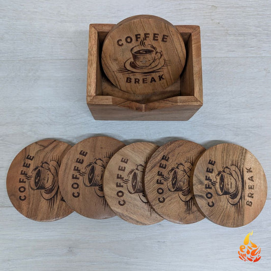 Rustic Wooden Coffee Coaster Set with Holder- Engraved Coffee Break Design|Set of 6 | Perfect gift for Coffee Lovers