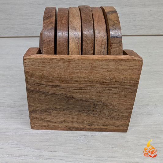 Rustic Wooden Coffee Coaster Set with Holder- Engraved Coffee Break Design|Set of 6 | Perfect gift for Coffee Lovers