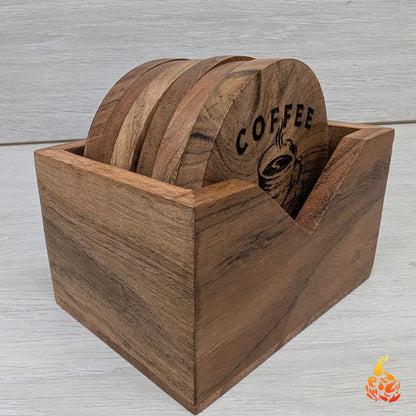 Rustic Wooden Coffee Coaster Set with Holder- Engraved Coffee Break Design|Set of 6 | Perfect gift for Coffee Lovers