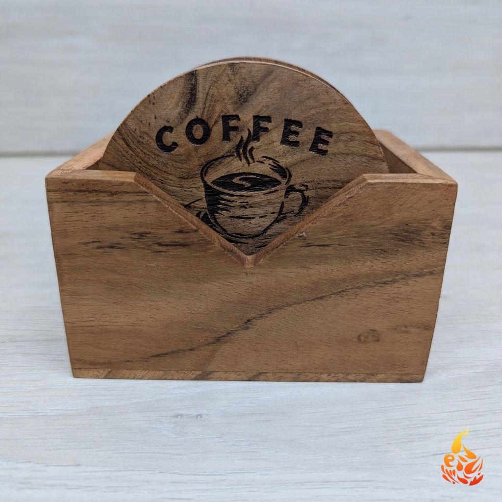 Rustic Wooden Coffee Coaster Set with Holder- Engraved Coffee Break Design|Set of 6 | Perfect gift for Coffee Lovers