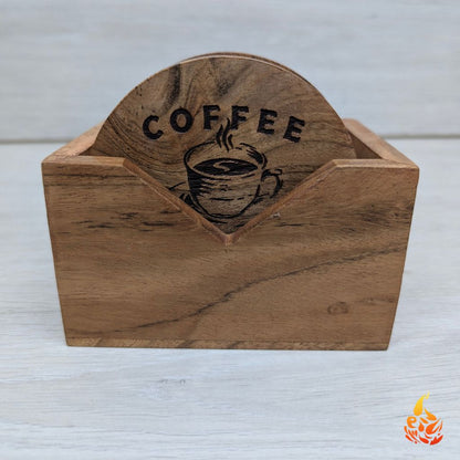 Rustic Wooden Coffee Coaster Set with Holder- Engraved Coffee Break Design|Set of 6 | Perfect gift for Coffee Lovers
