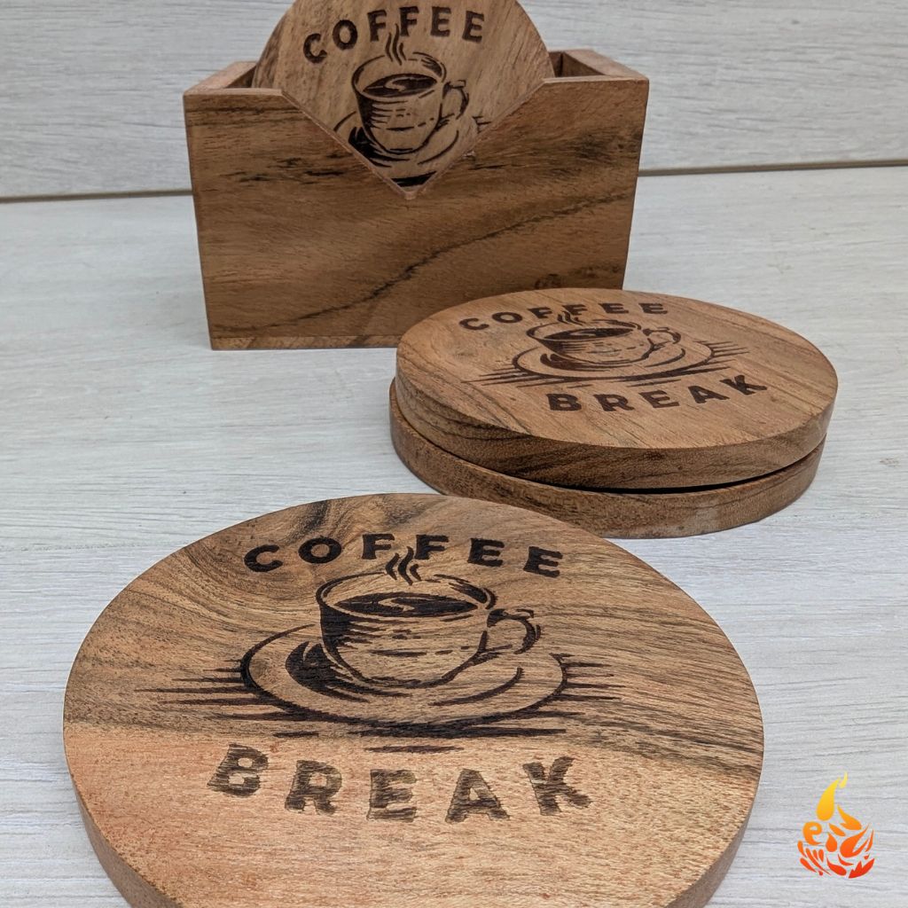 Rustic Wooden Coffee Coaster Set with Holder- Engraved Coffee Break Design|Set of 6 | Perfect gift for Coffee Lovers