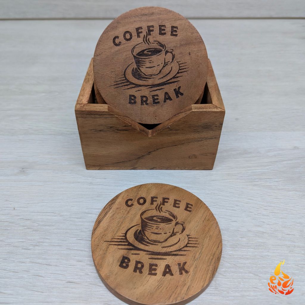 Rustic Wooden Coffee Coaster Set with Holder- Engraved Coffee Break Design|Set of 6 | Perfect gift for Coffee Lovers