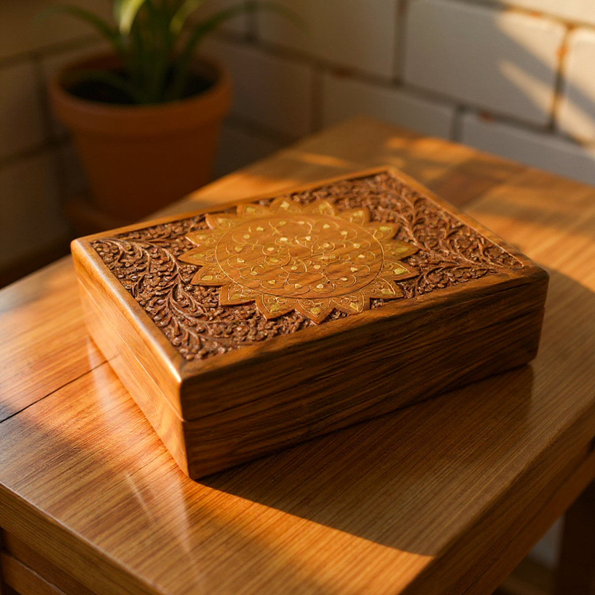 Inlaid Sunflower Carved Jewellery Box Boho Decor Boho Gifts - Easterninspiration
