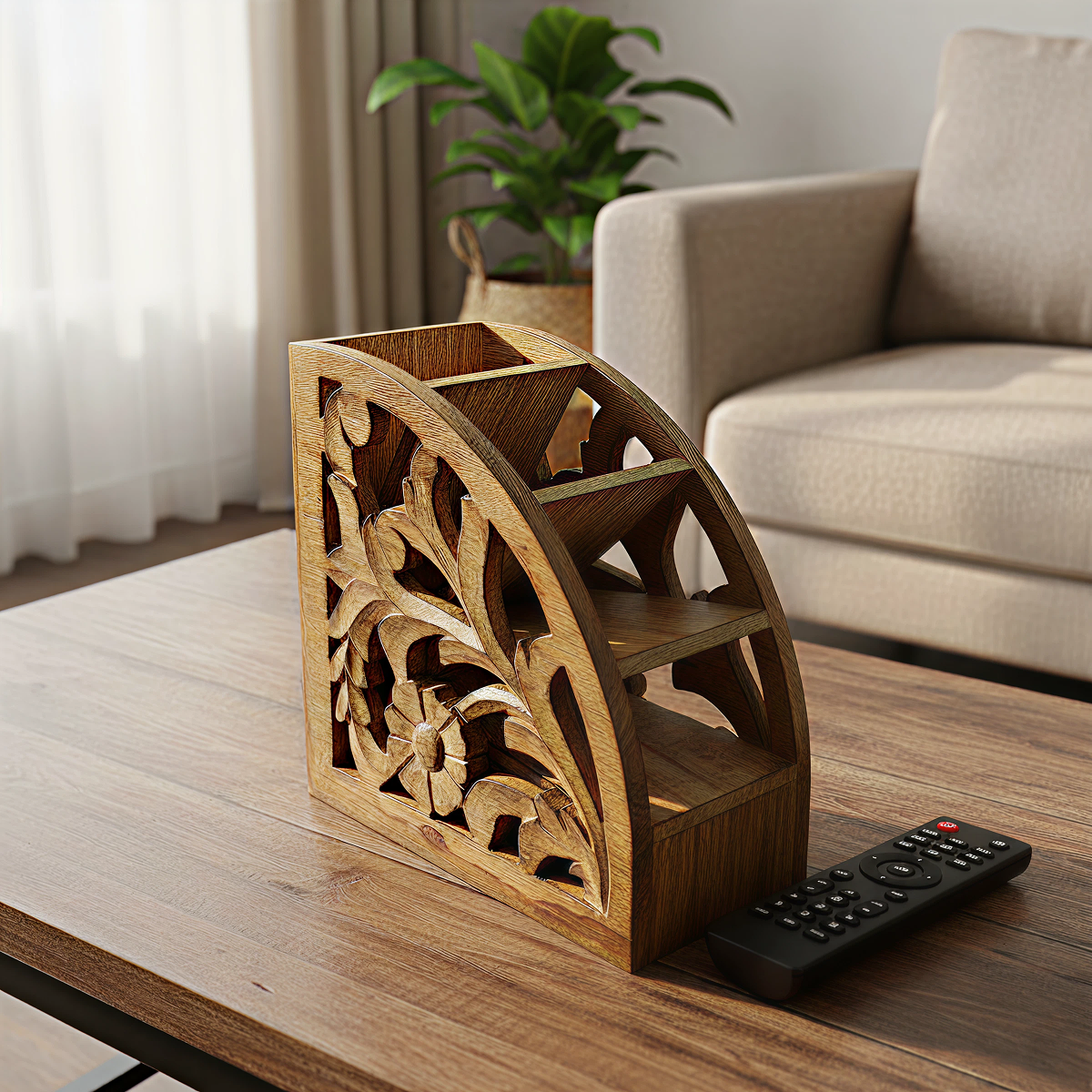 Light Rustic Mango cured fan shaped Remote control stand - Easterninspiration
