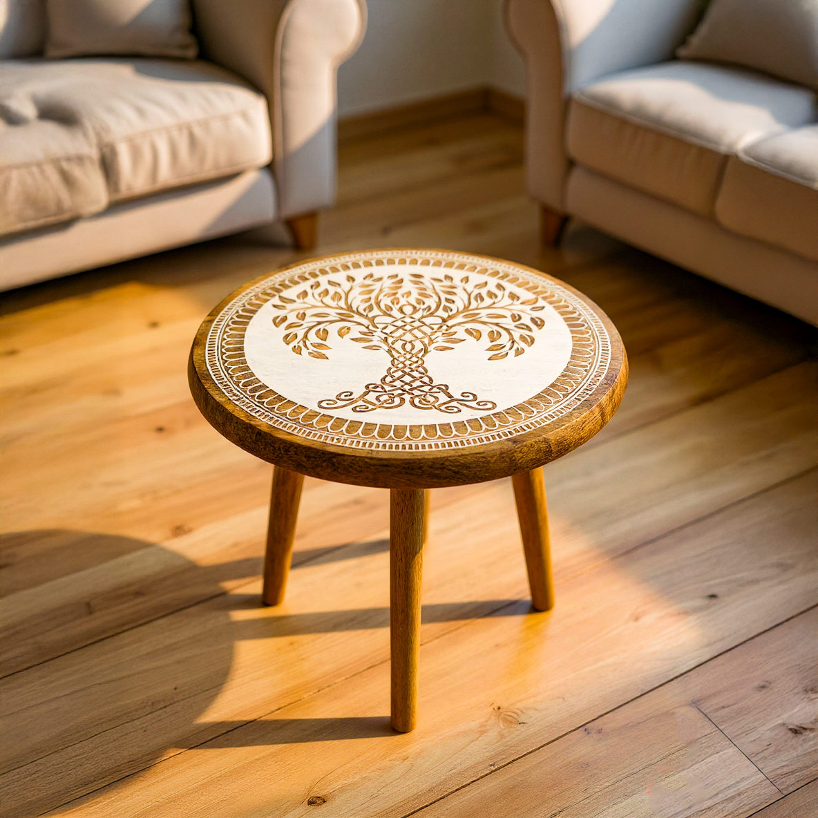 Rustic Three Legged Tree Of Life Side Table - Easterninspiration