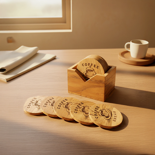 Rustic Wooden Coffee Coaster Set with Holder- Engraved Coffee Break Design|Set of 6 | Perfect gift for Coffee Lovers - Easterninspiration