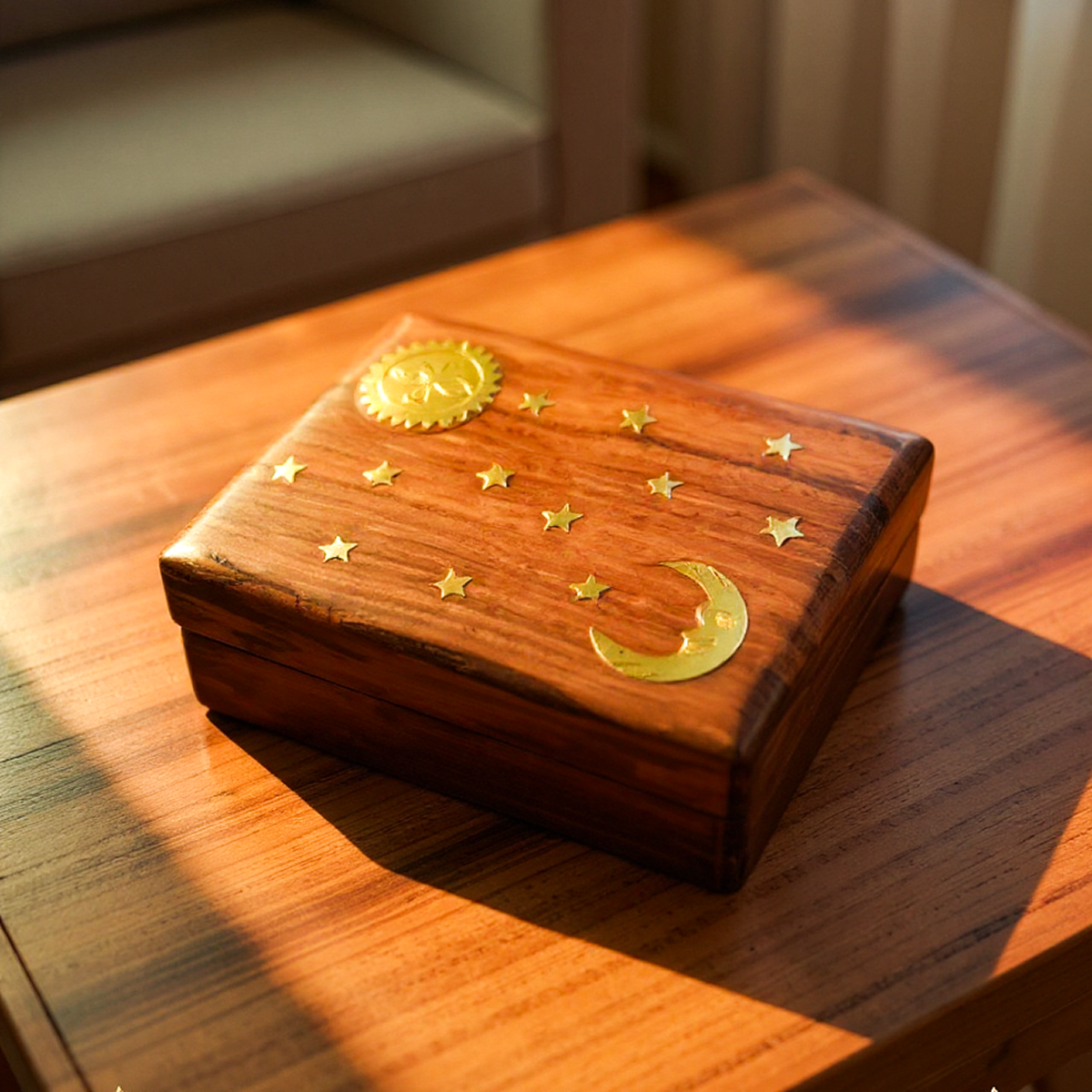 Sheesham Jewellery Box with brass Sun & Moon Design in a Boho holistic hippie style, Boho Decor Boho Gifts - Easterninspiration