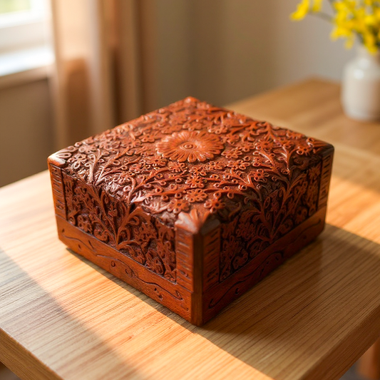 Square Carved Box With Floral Design Boho Decor Boho Gifts - Easterninspiration