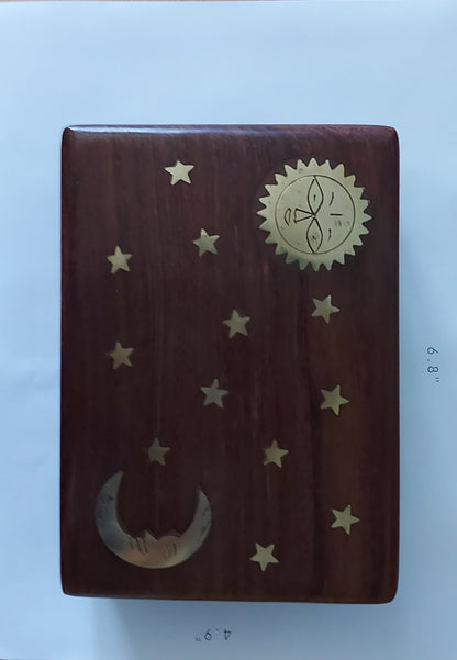 Sheesham Jewellery Box with brass Sun & Moon Design in a Boho holistic hippie style, - Easterninspiration