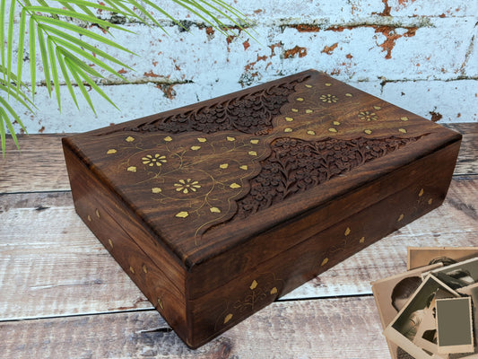 Wooden Box/jewellery box/wooden box/ floral gift box/ box/ large keepsake box/ mums jewellery box/ boho chic design/flower box/large inlaid - Easterninspiration