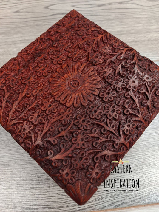 Square Carved Box With Floral Design - Easterninspiration
