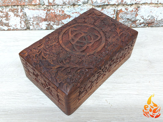 Ornate carved Triquetra Box floral keepsake box/ wooden box, medium keepsake box/ Mothers Day Gift box/ daisy carved box/ boho decor/ flower carved Boho Gifts - Easterninspiration