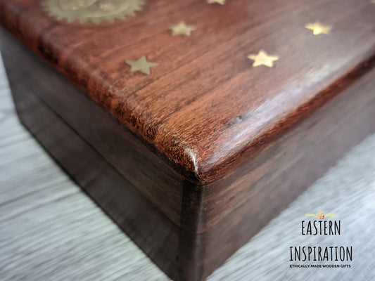 Sheesham Jewellery Box with brass Sun & Moon Design in a Boho holistic hippie style, - Easterninspiration