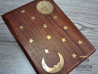 Sheesham Jewellery Box with brass Sun & Moon Design in a Boho holistic hippie style, - Easterninspiration