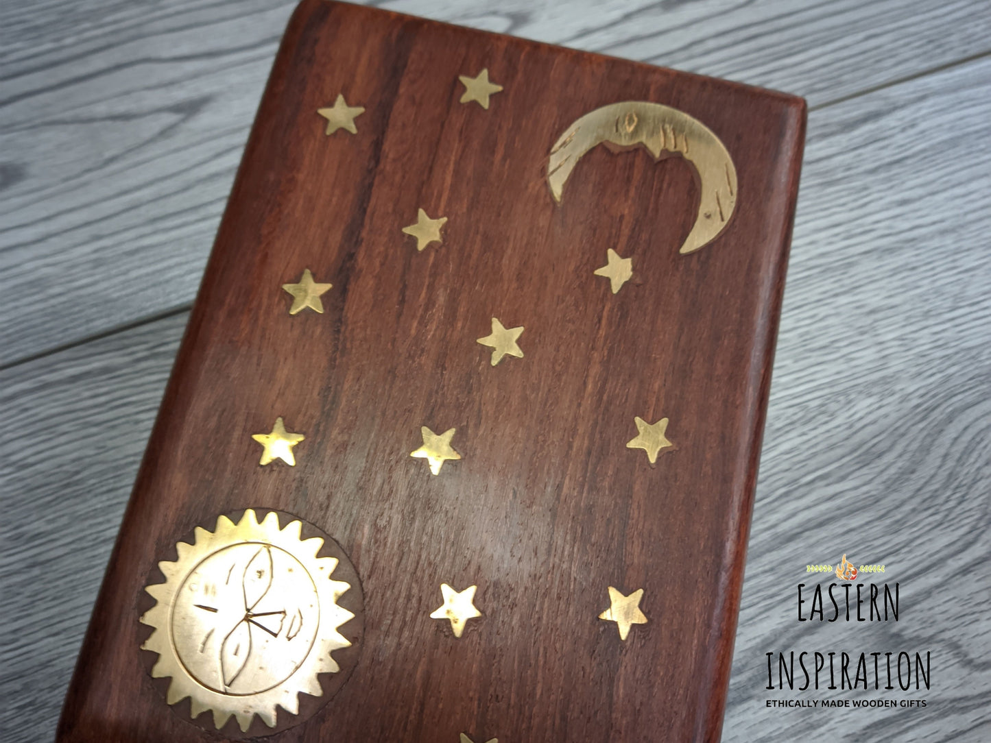 Sheesham Jewellery Box with brass Sun & Moon Design in a Boho holistic hippie style, - Easterninspiration
