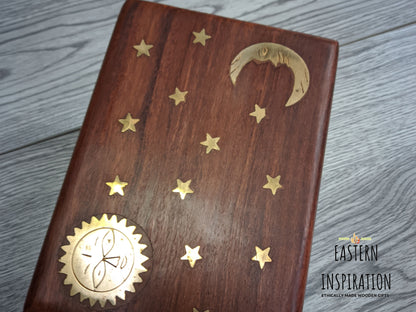 Sheesham Jewellery Box with brass Sun & Moon Design in a Boho holistic hippie style, - Easterninspiration