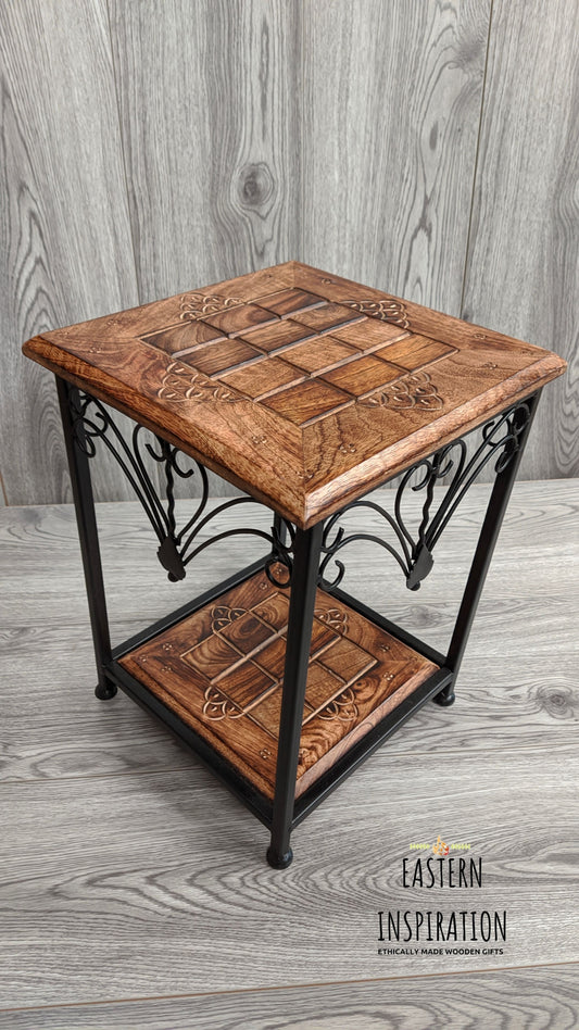 two tier metal wooden carved table - Easterninspiration