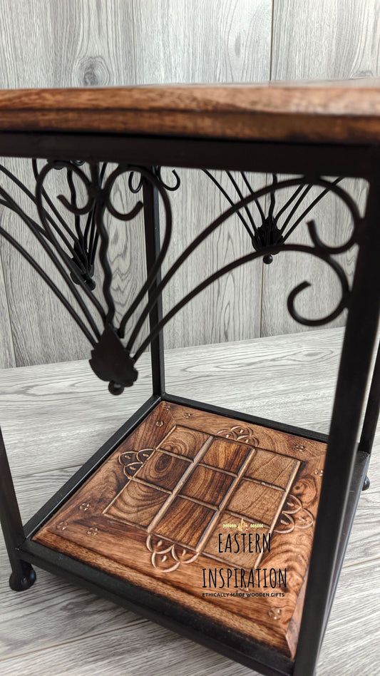 two tier metal wooden carved table - Easterninspiration