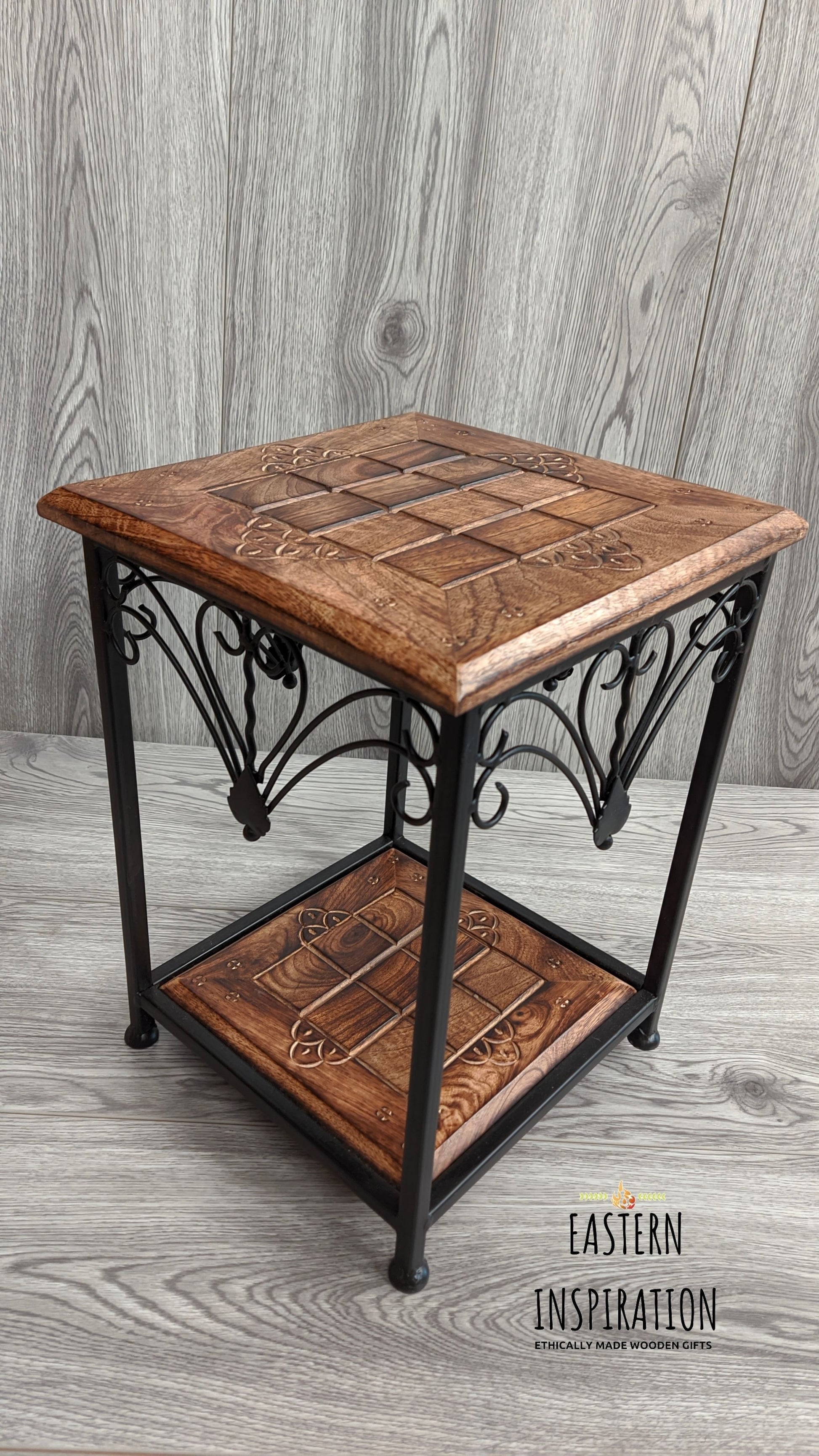 two tier metal wooden carved table - Easterninspiration