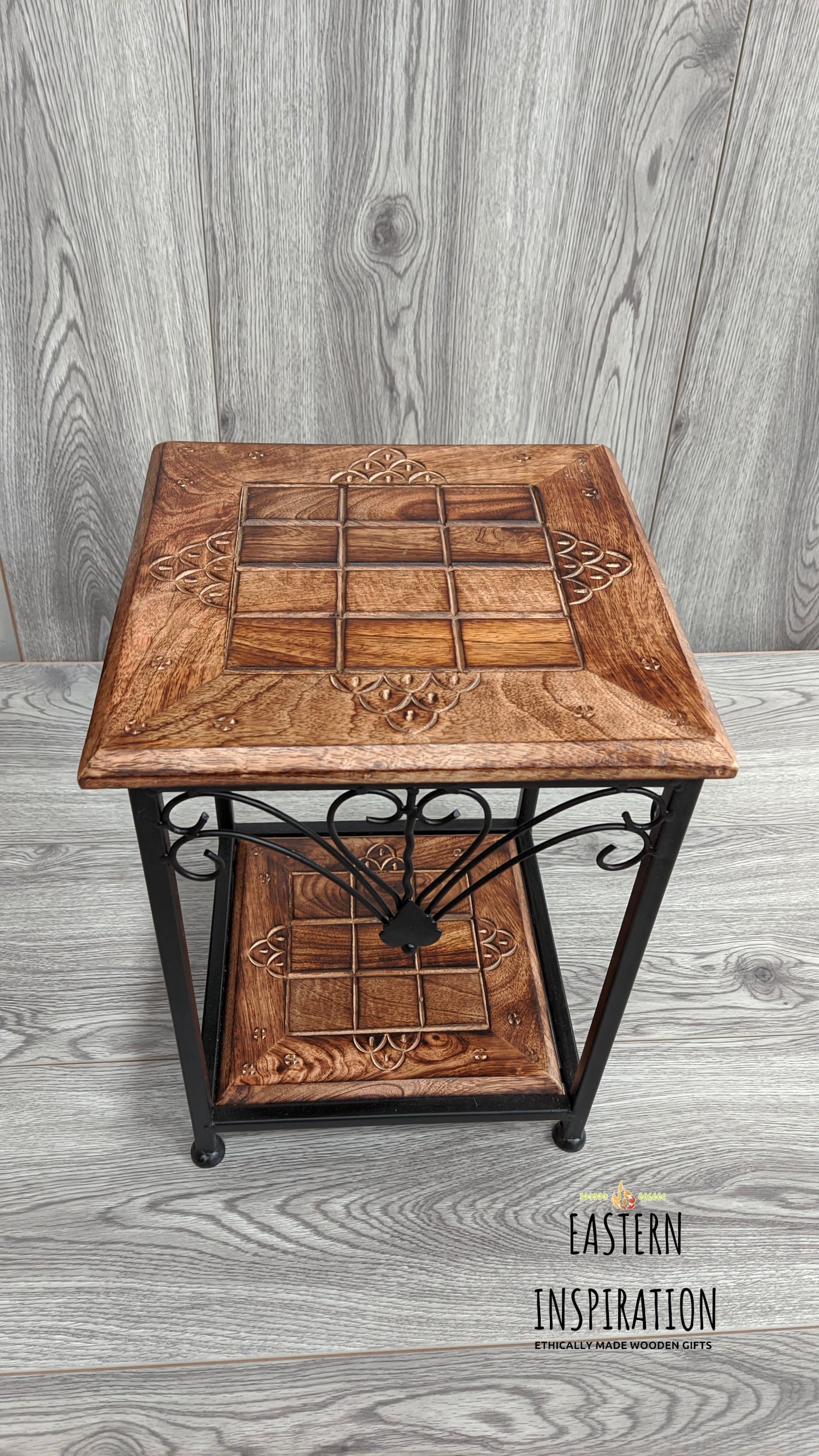 two tier metal wooden carved table - Easterninspiration