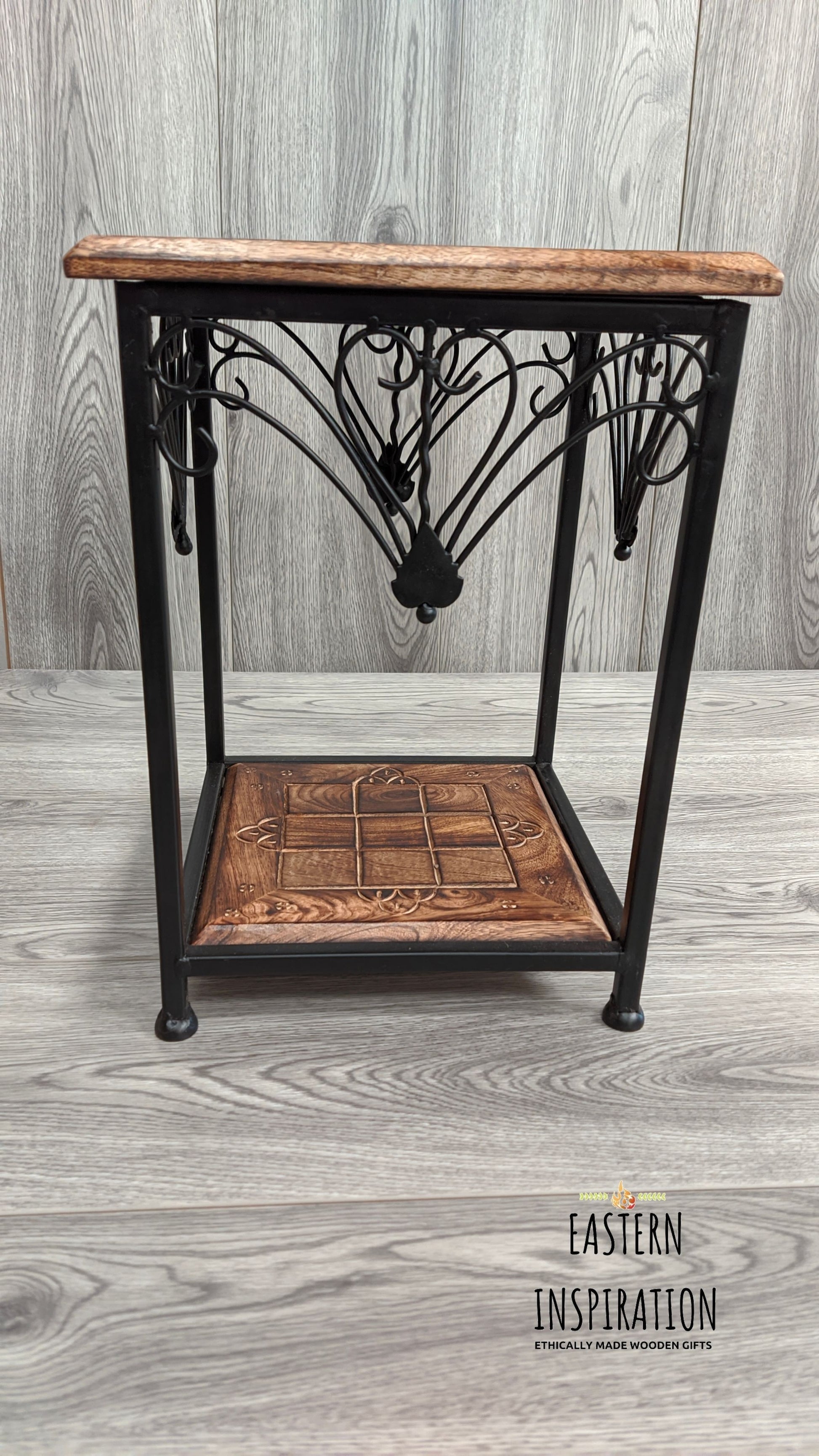 two tier metal wooden carved table - Easterninspiration