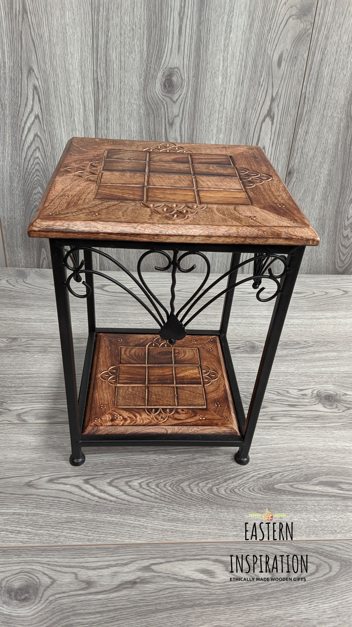 two tier metal wooden carved table - Easterninspiration